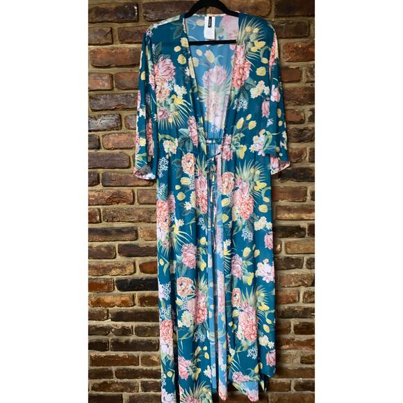 NWOT Jantzen Teal Blue Isn't It Romantic Floral Kimono Swim Cover-Up Women Small - Picture 1 of 8